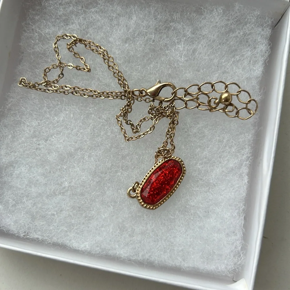 Gold Chain Necklace with Red Sparkle Pendant